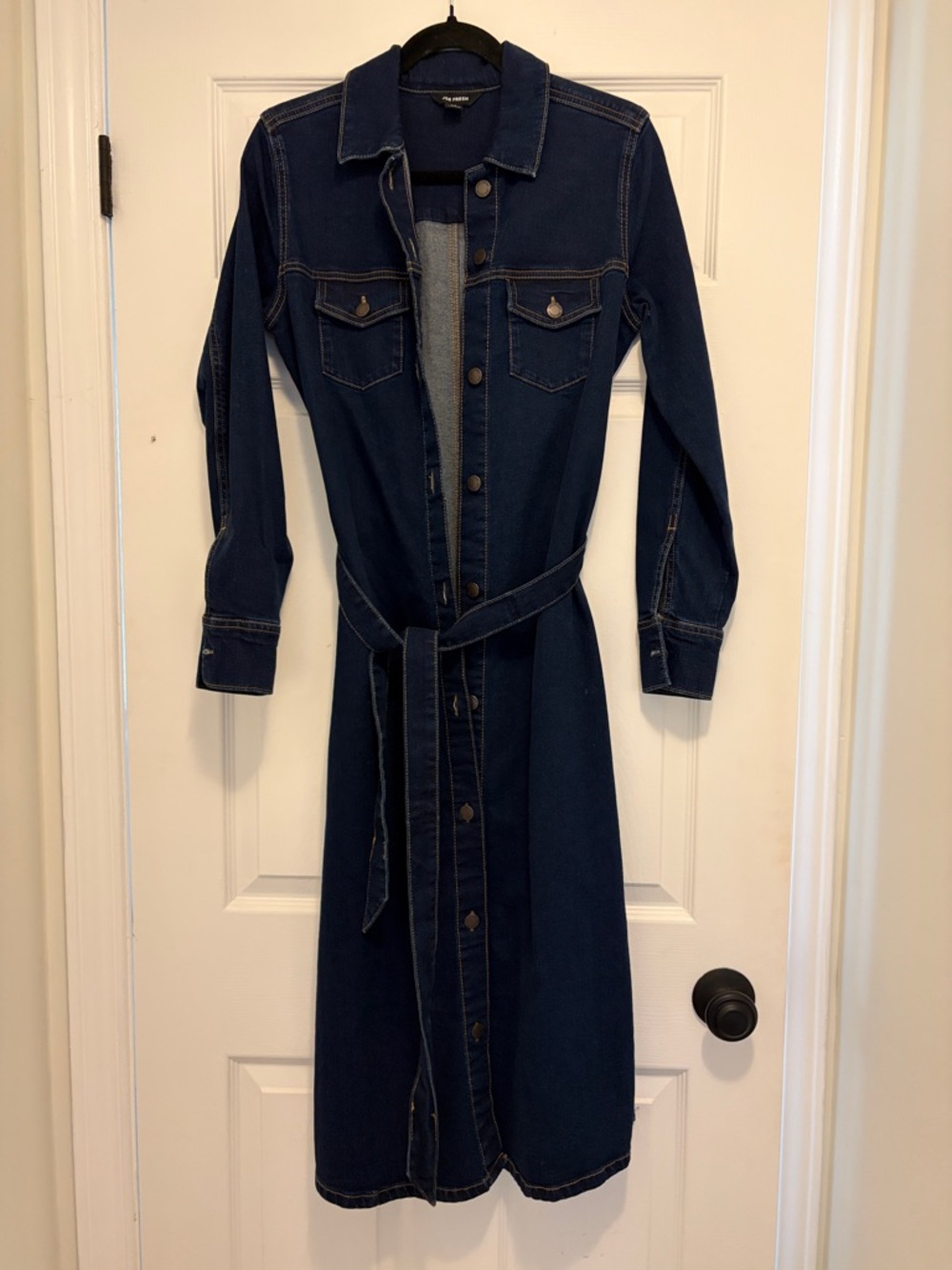 Dark Indigo Denim Button-Front Shirt Dress with Waist Tie